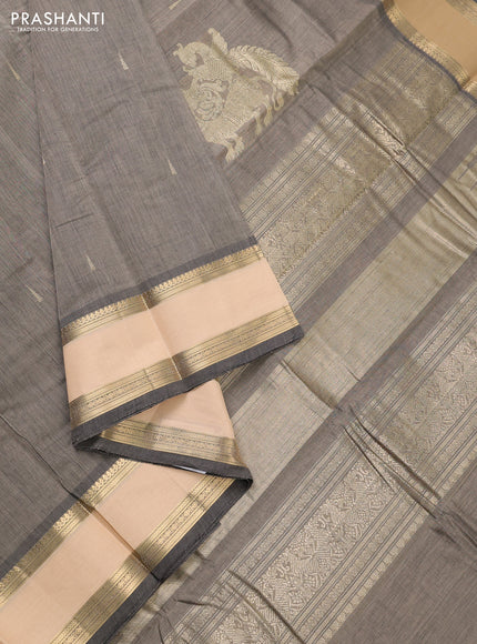 Kanchi cotton saree grey and sandal with zari woven buttas and rettapet zari woven border