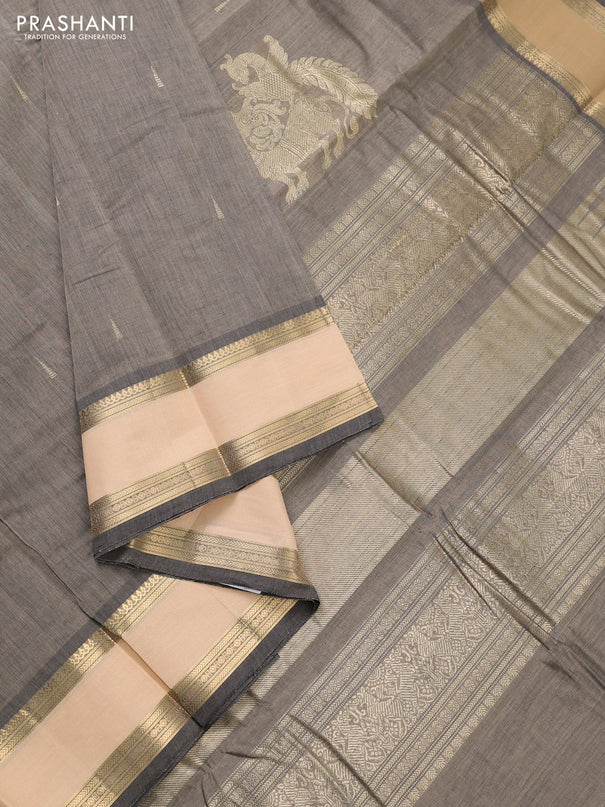 Kanchi cotton saree grey and sandal with zari woven buttas and rettapet zari woven border