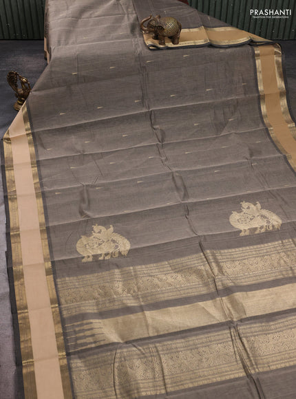 Kanchi cotton saree grey and sandal with zari woven buttas and rettapet zari woven border