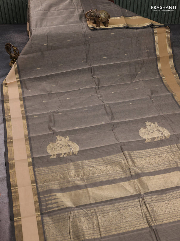 Kanchi cotton saree grey and sandal with zari woven buttas and rettapet zari woven border