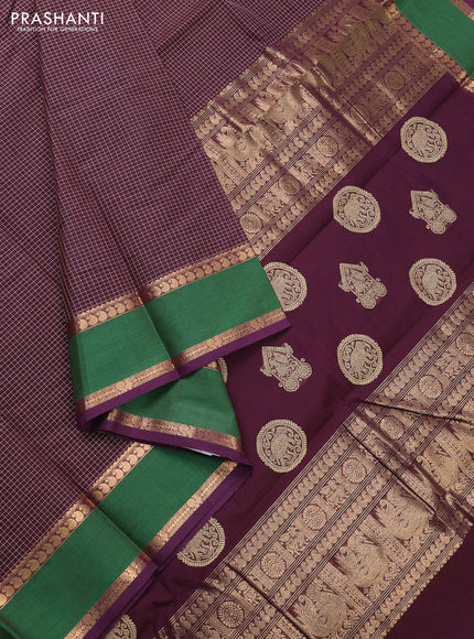 Kanchi cotton saree deep purple and green with allover small thread checked pattern and rettapet zari woven border