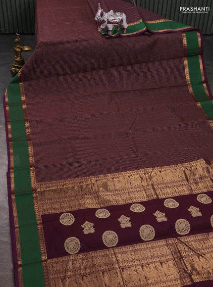 Kanchi cotton saree deep purple and green with allover small thread checked pattern and rettapet zari woven border