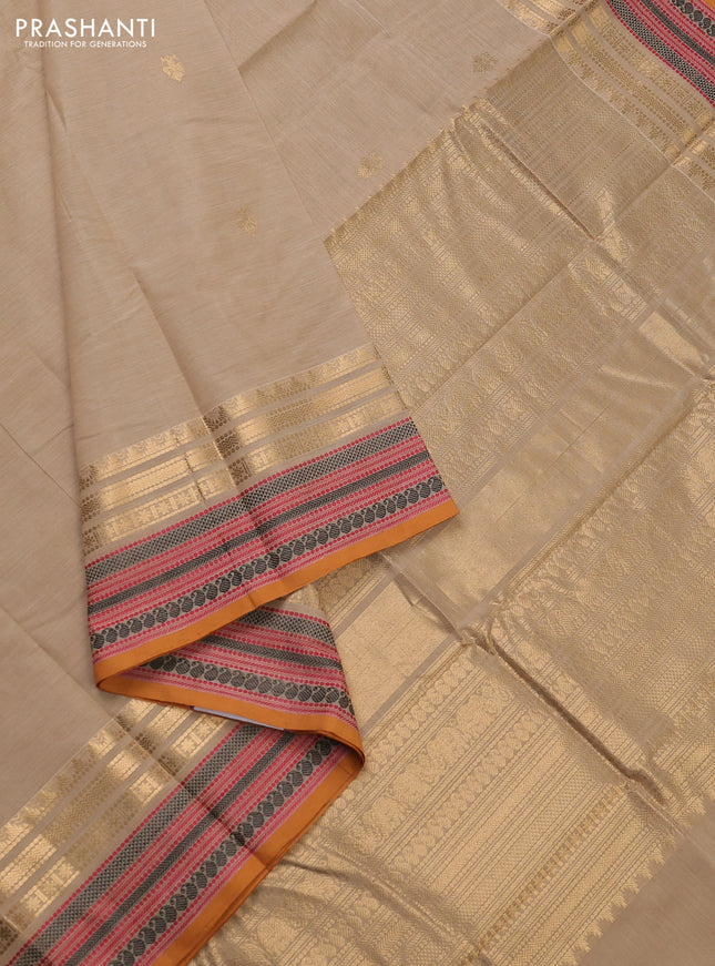 Kanchi cotton saree beige and mustard yellow with zari woven buttas and thread & zari woven border
