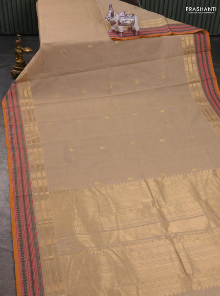 Kanchi cotton saree beige and mustard yellow with zari woven buttas and thread & zari woven border