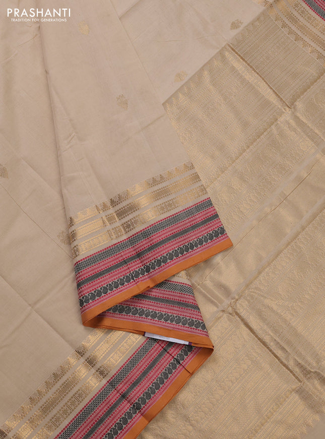Kanchi cotton saree cream and mustard yellow with zari woven buttas and thread & zari woven border