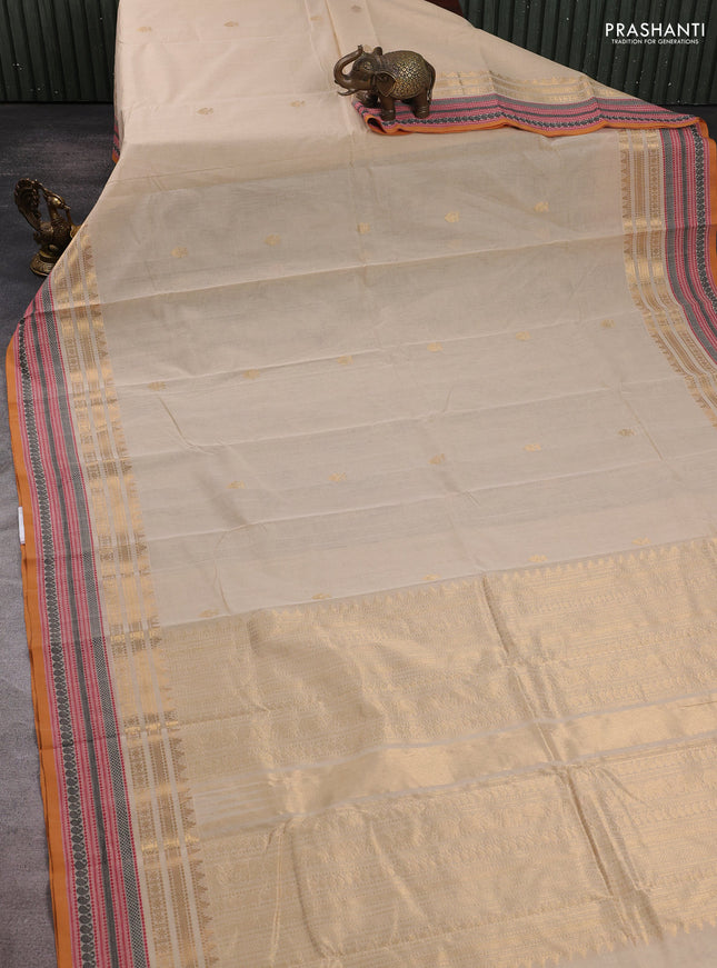 Kanchi cotton saree cream and mustard yellow with zari woven buttas and thread & zari woven border