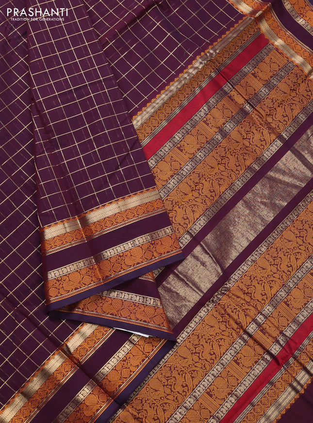 Kanchi cotton saree deep purple with allover zari checked pattern and rettapet thread woven border
