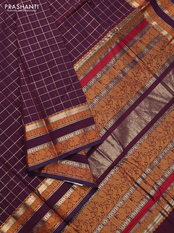 Kanchi cotton saree deep purple with allover zari checked pattern and rettapet thread woven border