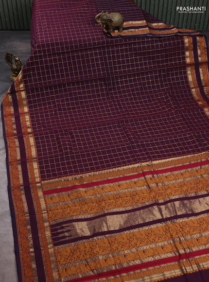 Kanchi cotton saree deep purple with allover zari checked pattern and rettapet thread woven border