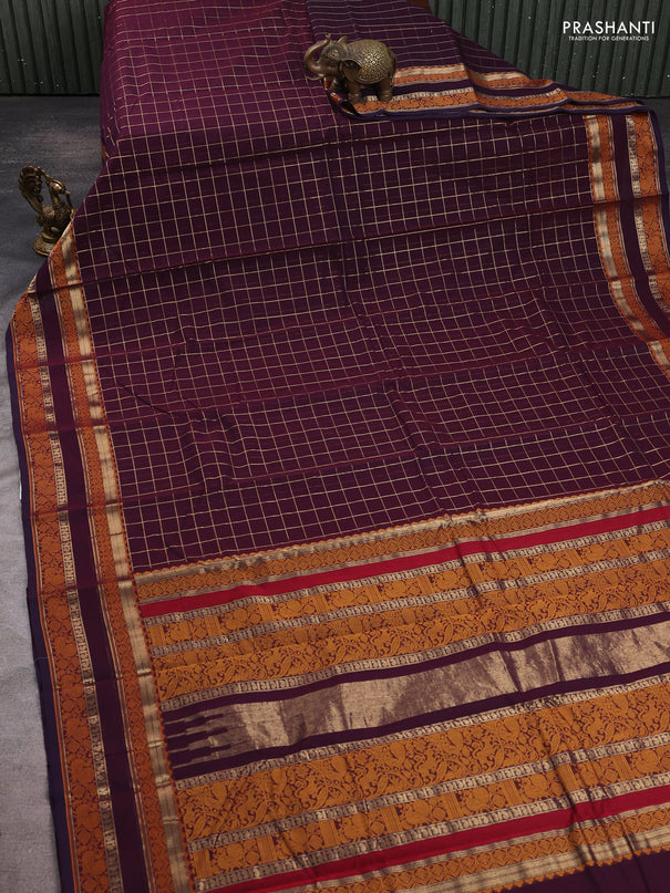 Kanchi cotton saree deep purple with allover zari checked pattern and rettapet thread woven border
