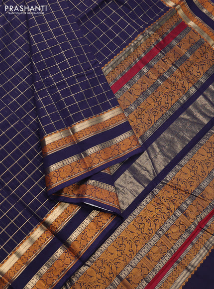 Kanchi cotton saree navy blue with allover zari checked pattern and rettapet thread woven border