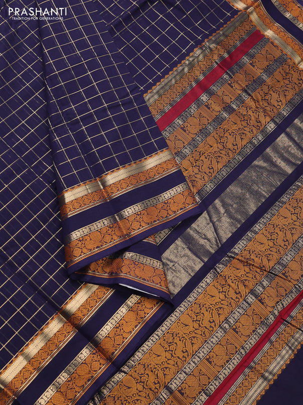 Kanchi cotton saree navy blue with allover zari checked pattern and rettapet thread woven border