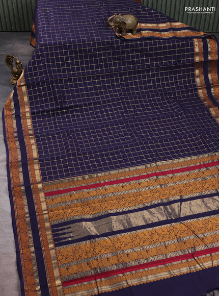 Kanchi cotton saree navy blue with allover zari checked pattern and rettapet thread woven border