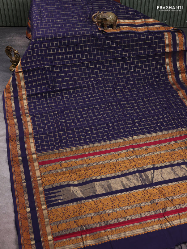 Kanchi cotton saree navy blue with allover zari checked pattern and rettapet thread woven border