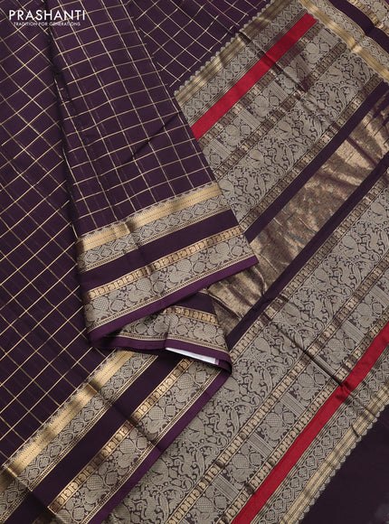 Kanchi cotton saree deep jamun with allover zari checked pattern and rettapet thread woven border