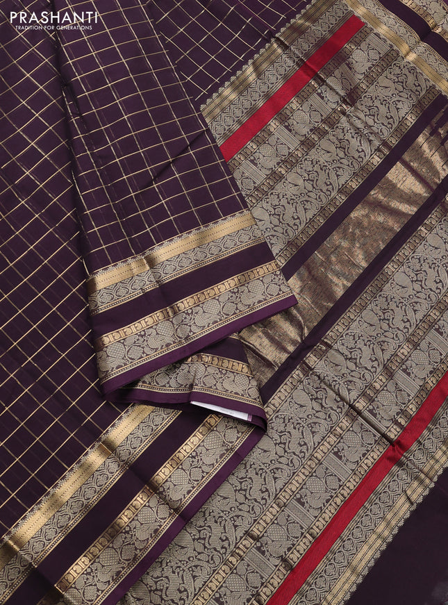 Kanchi cotton saree deep jamun with allover zari checked pattern and rettapet thread woven border