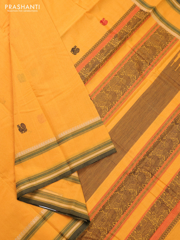 Kanchi cotton saree mango yellow and green with thread woven buttas and rettapet thread woven border