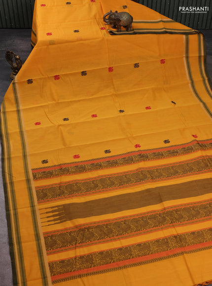 Kanchi cotton saree mango yellow and green with thread woven buttas and rettapet thread woven border