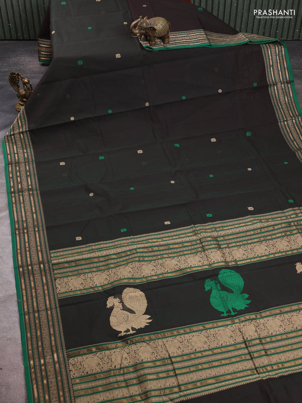 Kanchi cotton saree bottle green and green with thread woven buttas and thread & zari woven border