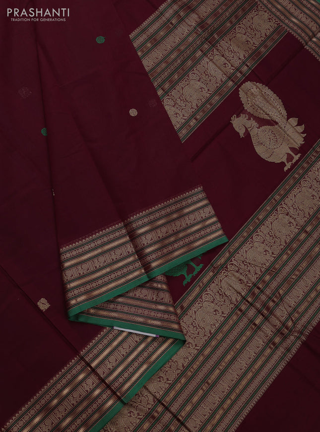 Kanchi cotton saree deep maroon and green with thread woven buttas and thread & zari woven border