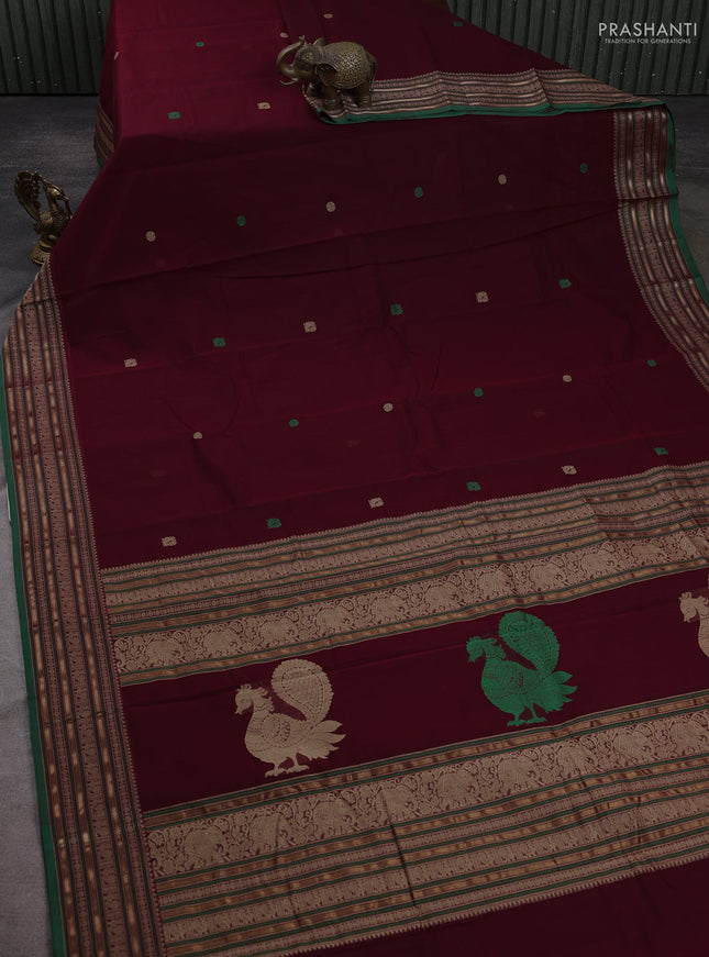 Kanchi cotton saree deep maroon and green with thread woven buttas and thread & zari woven border