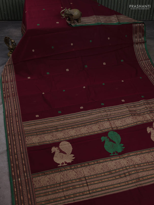 Kanchi cotton saree deep maroon and green with thread woven buttas and thread & zari woven border