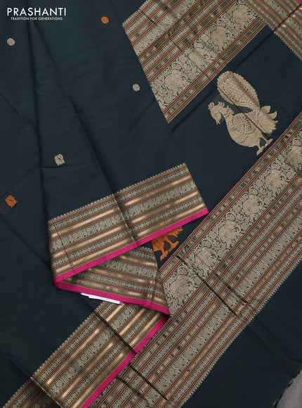 Kanchi cotton saree bottle green and pink with thread woven buttas and thread & zari woven border