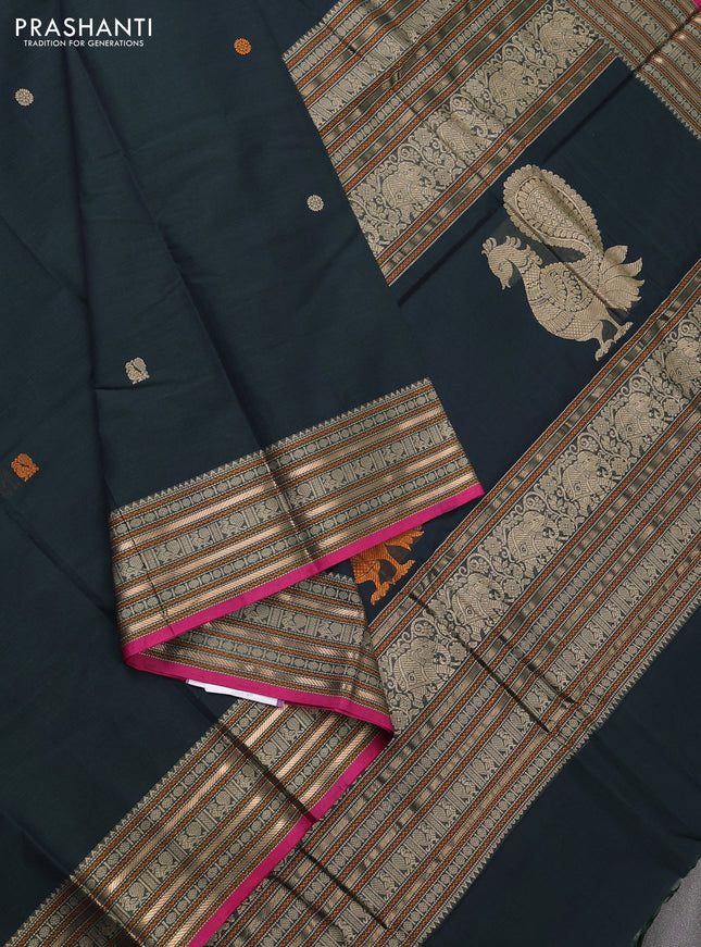Kanchi cotton saree bottle green and pink with thread woven buttas and thread & zari woven border
