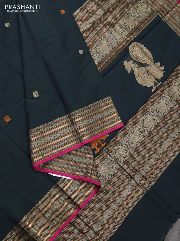 Kanchi cotton saree bottle green and pink with thread woven buttas and thread & zari woven border