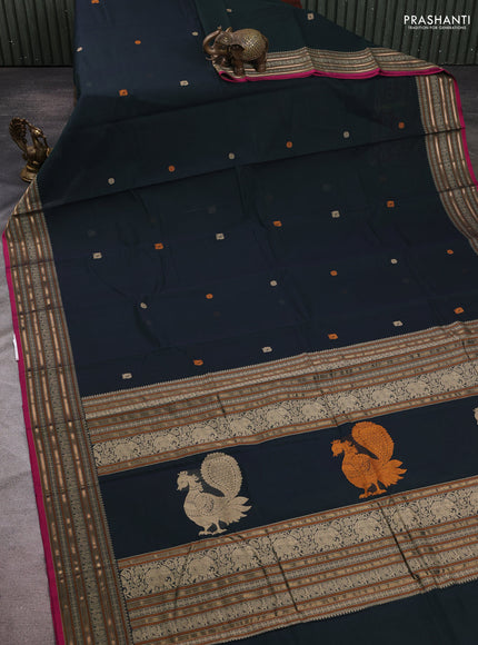 Kanchi cotton saree bottle green and pink with thread woven buttas and thread & zari woven border