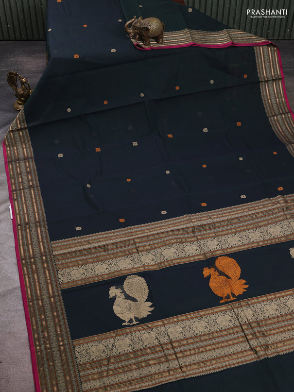 Kanchi cotton saree bottle green and pink with thread woven buttas and thread & zari woven border