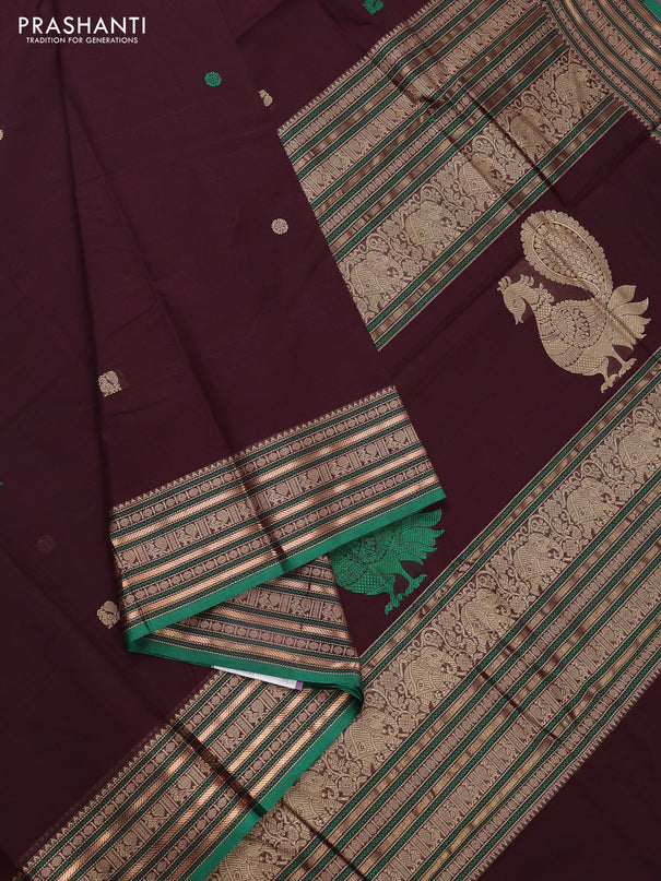 Kanchi cotton saree deep jamun and green with thread woven buttas and thread & zari woven border