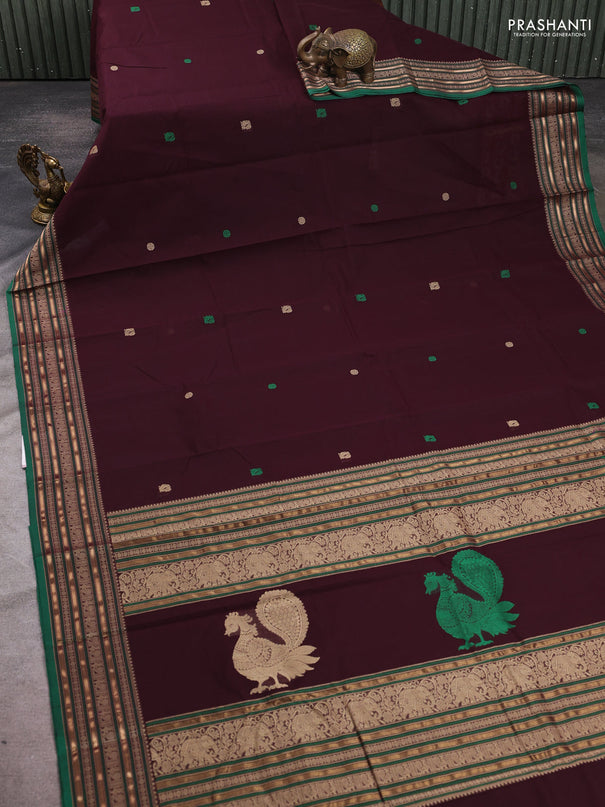 Kanchi cotton saree deep jamun and green with thread woven buttas and thread & zari woven border