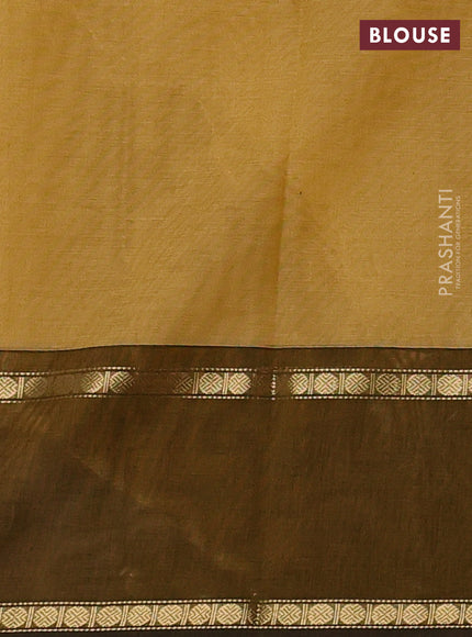 Kanchi cotton saree sandal and mustard green with allover zari stripe pattern and rettapet zari woven border