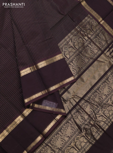 Kanchi cotton saree coffee brown with allover zari stripe pattern and rettapet zari woven border
