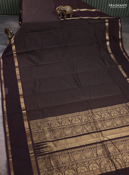 Kanchi cotton saree coffee brown with allover zari stripe pattern and rettapet zari woven border