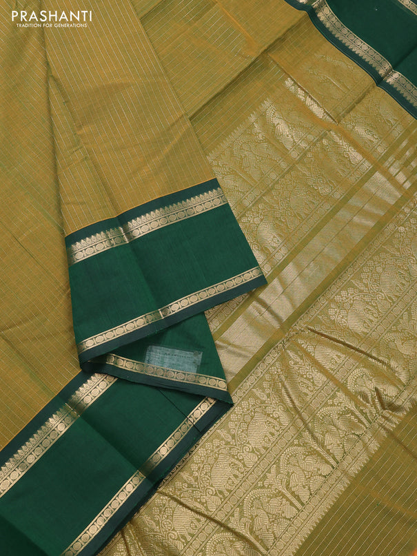 Kanchi cotton saree mehendi green and bottle green with allover zari stripe pattern and rettapet zari woven border