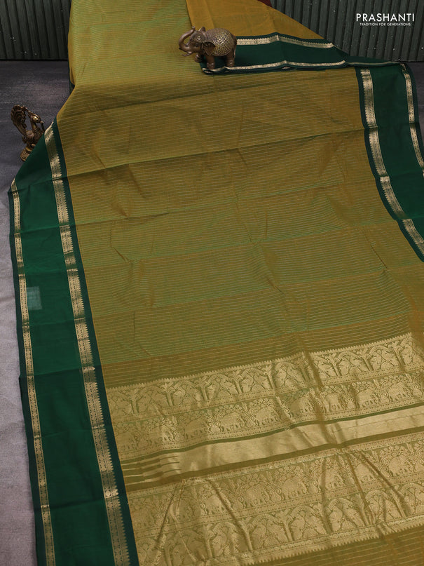 Kanchi cotton saree mehendi green and bottle green with allover zari stripe pattern and rettapet zari woven border