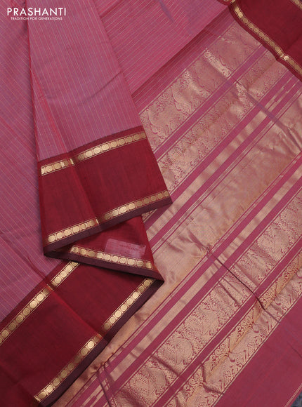 Kanchi cotton saree maroon with allover zari stripe pattern and rettapet zari woven border