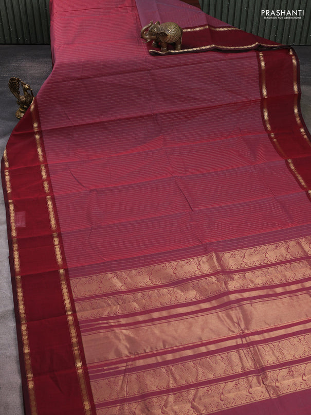 Kanchi cotton saree maroon with allover zari stripe pattern and rettapet zari woven border