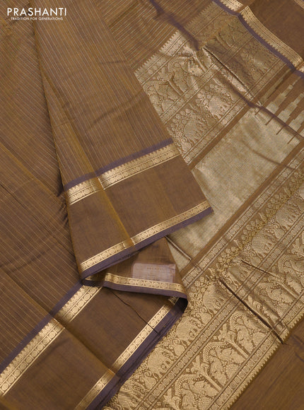 Kanchi cotton saree brown with allover zari stripe pattern and rettapet zari woven border