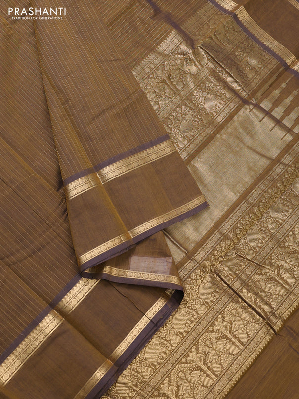 Kanchi cotton saree brown with allover zari stripe pattern and rettapet zari woven border