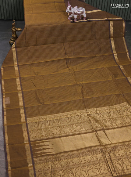 Kanchi cotton saree brown with allover zari stripe pattern and rettapet zari woven border
