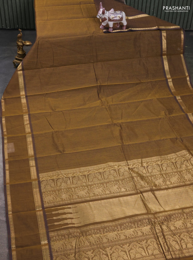 Kanchi cotton saree brown with allover zari stripe pattern and rettapet zari woven border