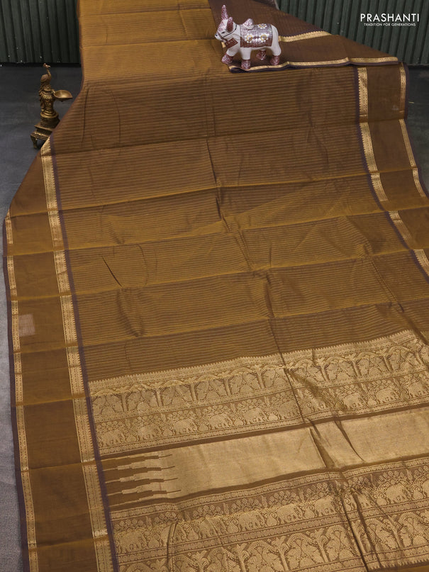Kanchi cotton saree brown with allover zari stripe pattern and rettapet zari woven border