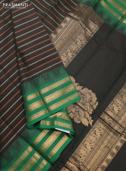 Kanchi cotton saree bottle green and green with allover thread weaves and zari woven border