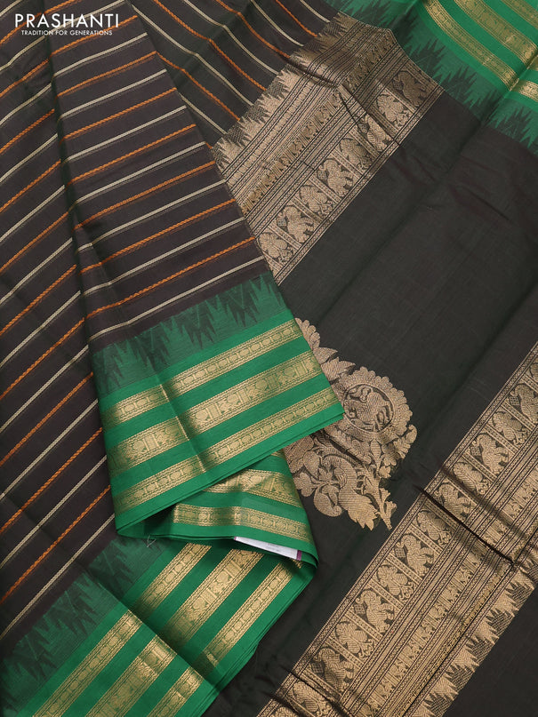 Kanchi cotton saree bottle green and green with allover thread weaves and zari woven border