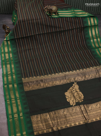 Kanchi cotton saree bottle green and green with allover thread weaves and zari woven border