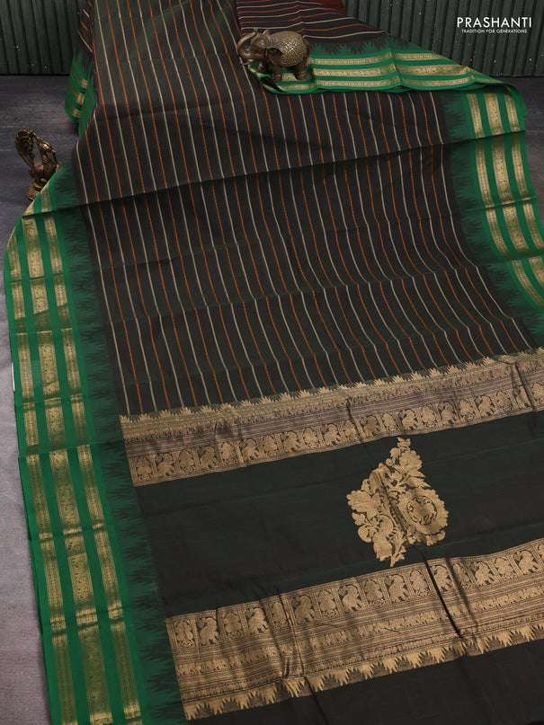 Kanchi cotton saree bottle green and green with allover thread weaves and zari woven border