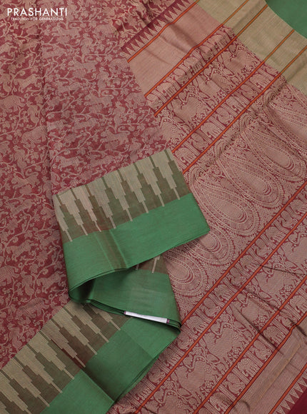 Kanchi cotton saree maroon and green with allover self emboss and temple design simple border